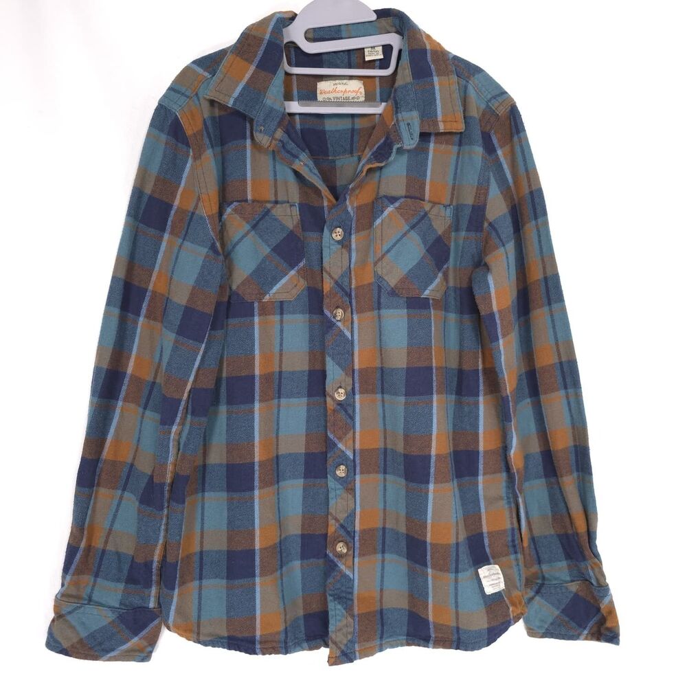 WEATHERPROOF Vintage‎ Kids Boys Plaid Flannel Shirt 10-12 Blue Brown 100% Cotton
